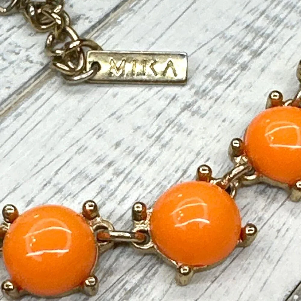 MIKA Statement Necklace Triple Layered Chunky Statement Gold Tone Coral Orange P
